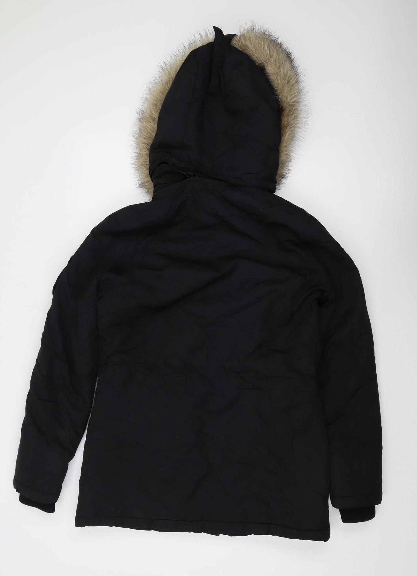 Superdry Women's Black Parka Coat Size 10 - Hooded, Fur Trim