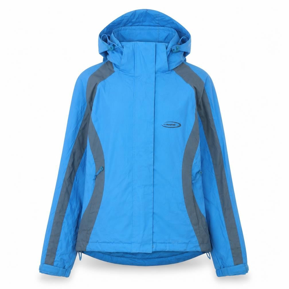 Front view of Mountain Life Women's Blue Rain Coat, size 8, Hooded Jacket