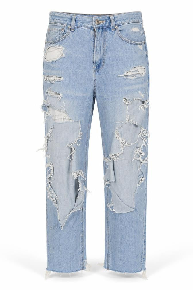 Front view of American Eagle unisex blue distressed jeans, size 10
