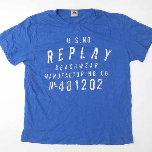 Replay Men's Blue Graphic Print Crew Neck T-Shirt