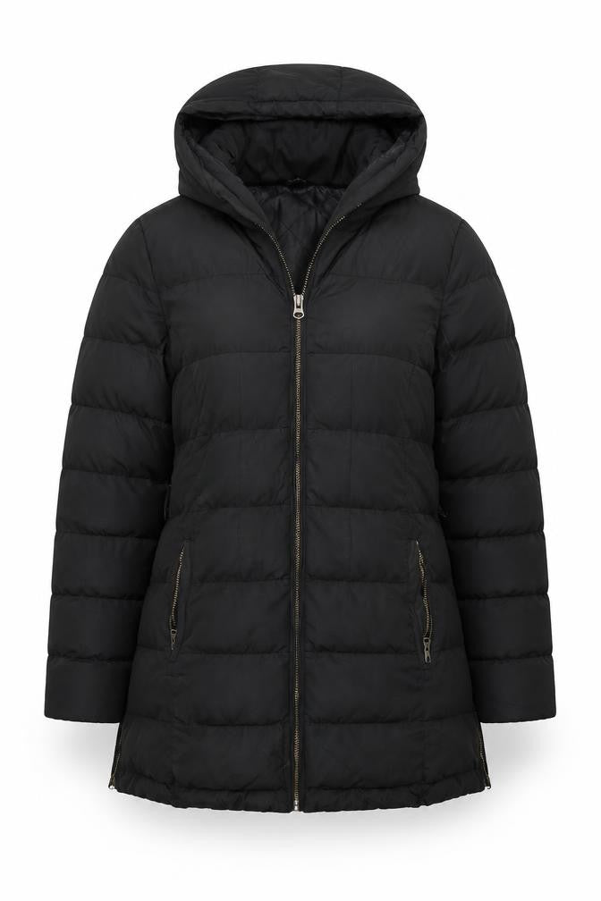 Front view of Golddigga Women's Black Puffer Jacket UK, size 14