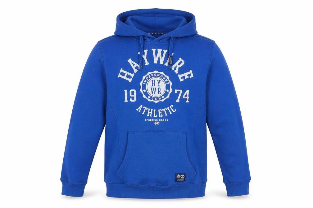 Front view of Haywire boys’ blue hoodie large logo graphic lb