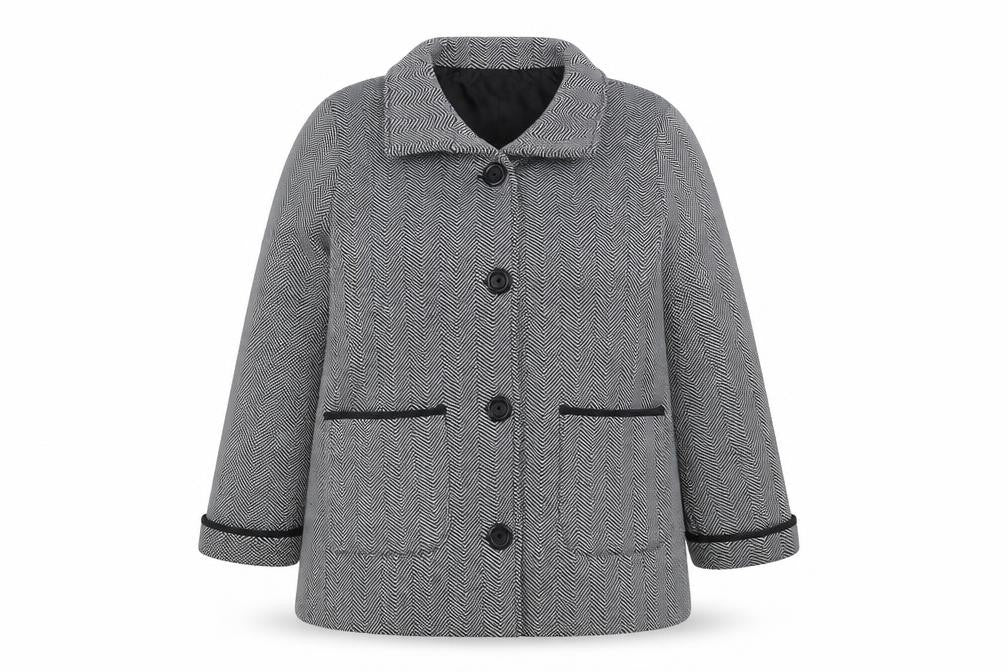 Front view of Anne de Lancay Women's Black Long Coat, size 18, Herringbone Button