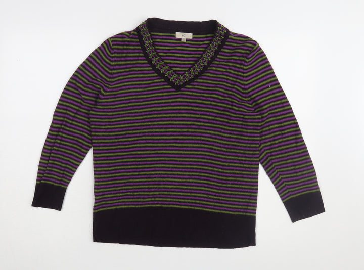 CC Women's Multicoloured Striped V-Neck Jumper - M