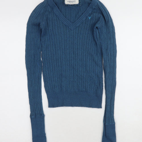 American Eagle Women's Blue XS Cable-Knit Pullover Jumper