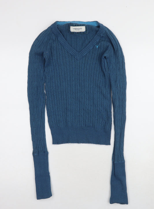 American Eagle Women's Blue XS Cable-Knit Pullover Jumper