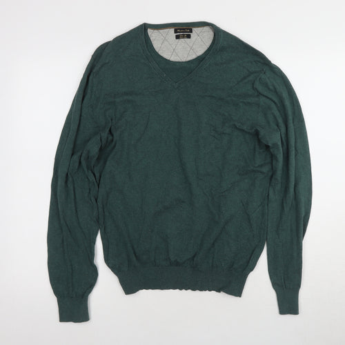 Massimo Dutti Men's Green V-Neck Pullover Jumper