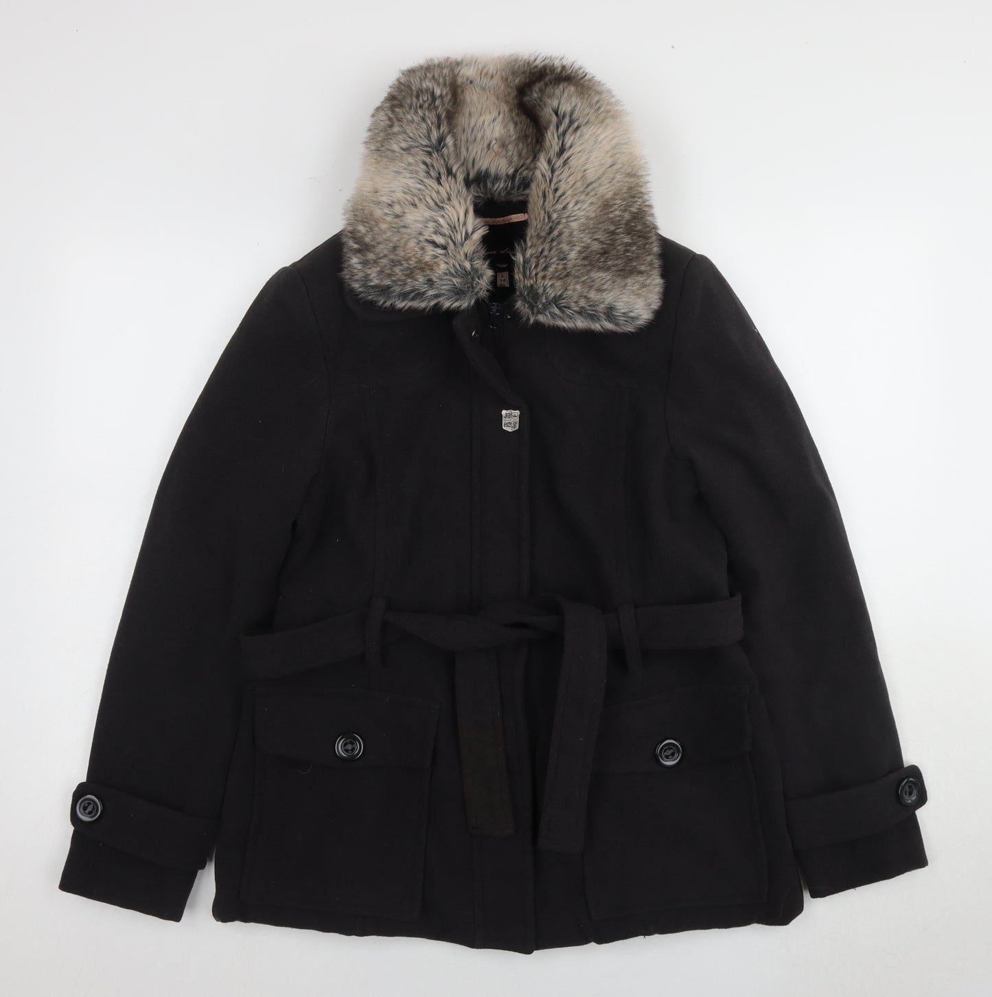 Brave Soul Women's Black Fur Trim Coat Size L