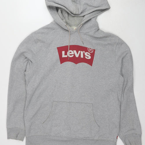 Levi's Men Grey Hoodie Pullover L Logo Fleece Long Sleeve