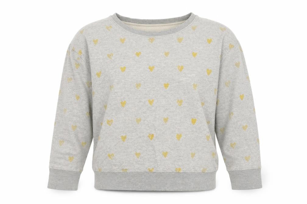 Front view of J.Crew Women's Grey Crew Neck Sweatshirt, Heart Print, size S