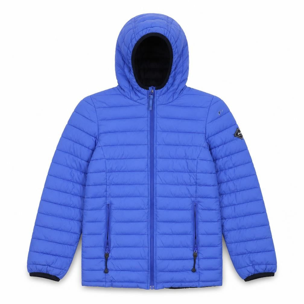 Front view of Janus boys’ blue puffer jacket 11 plus winter hooded
