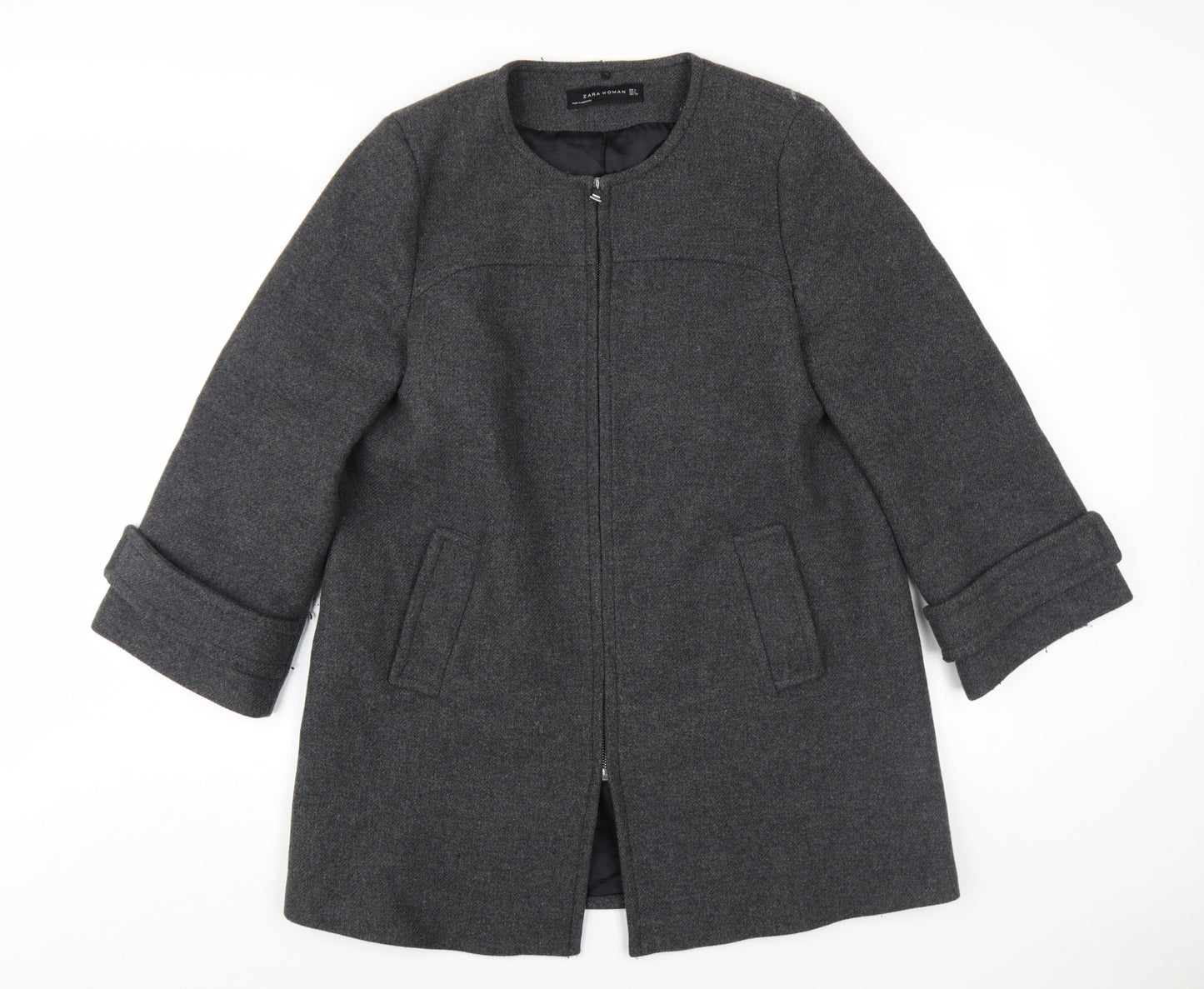Zara Women's Grey Wool Overcoat Size 14 - Chic Winter Style