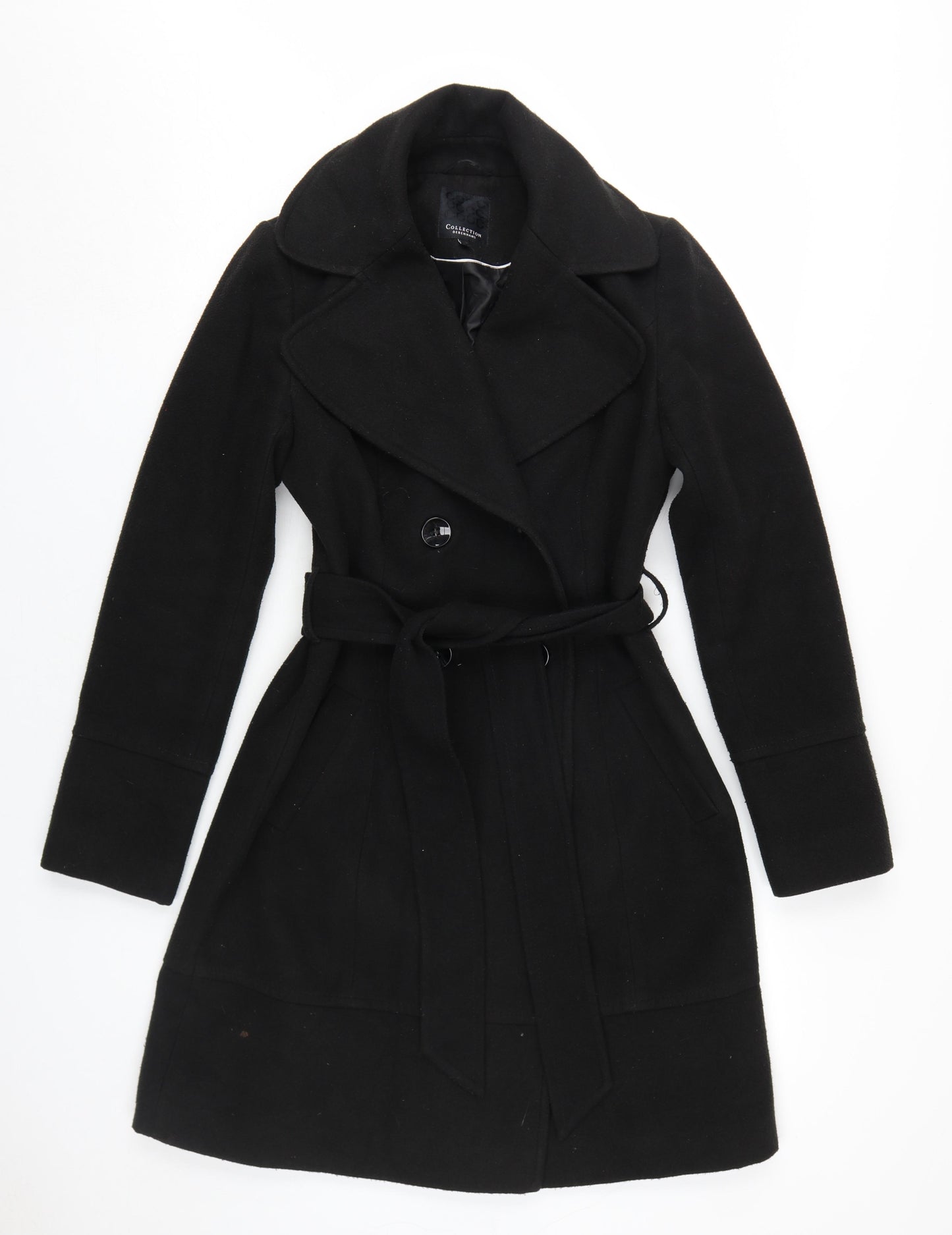 Debenhams Women's Black Overcoat, Size 10, Belted Elegance