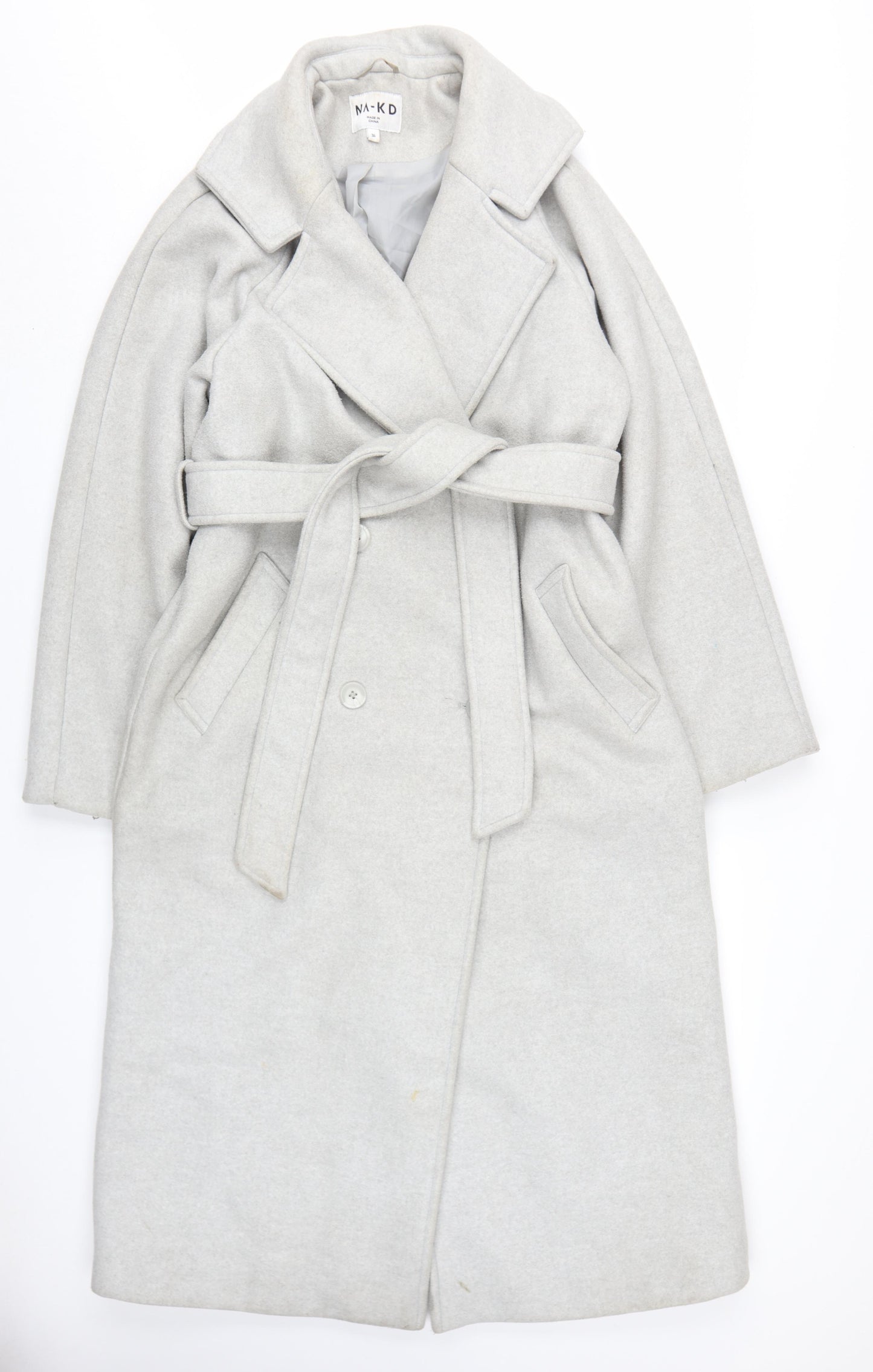 NA-KD Women's Grey Long Belted Overcoat Size 8