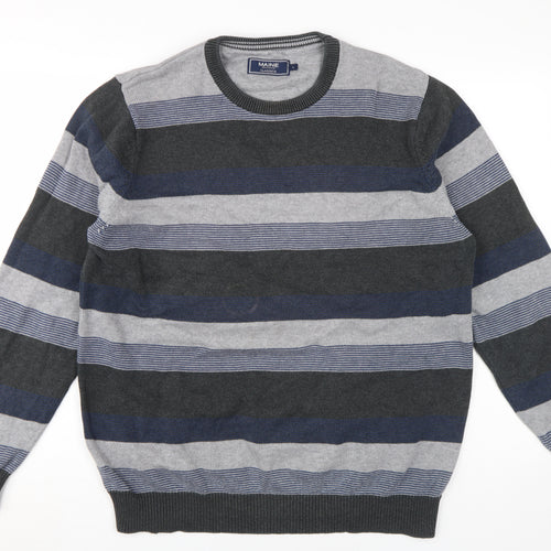 Maine New England Men's Grey Blue Striped Jumper L