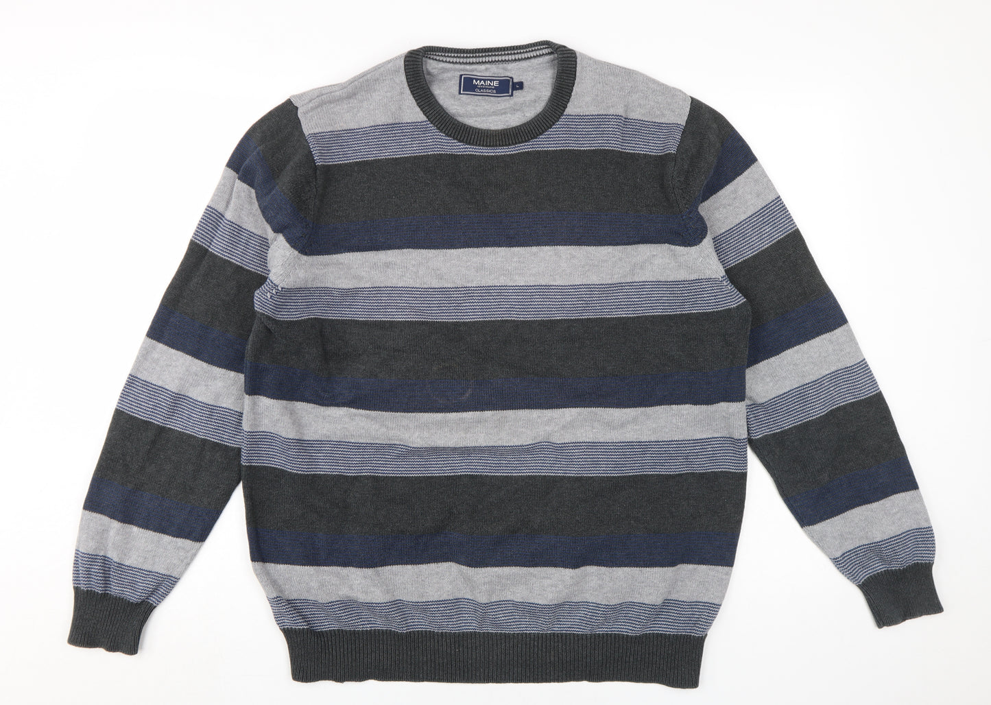 Maine New England Men's Grey Blue Striped Jumper L