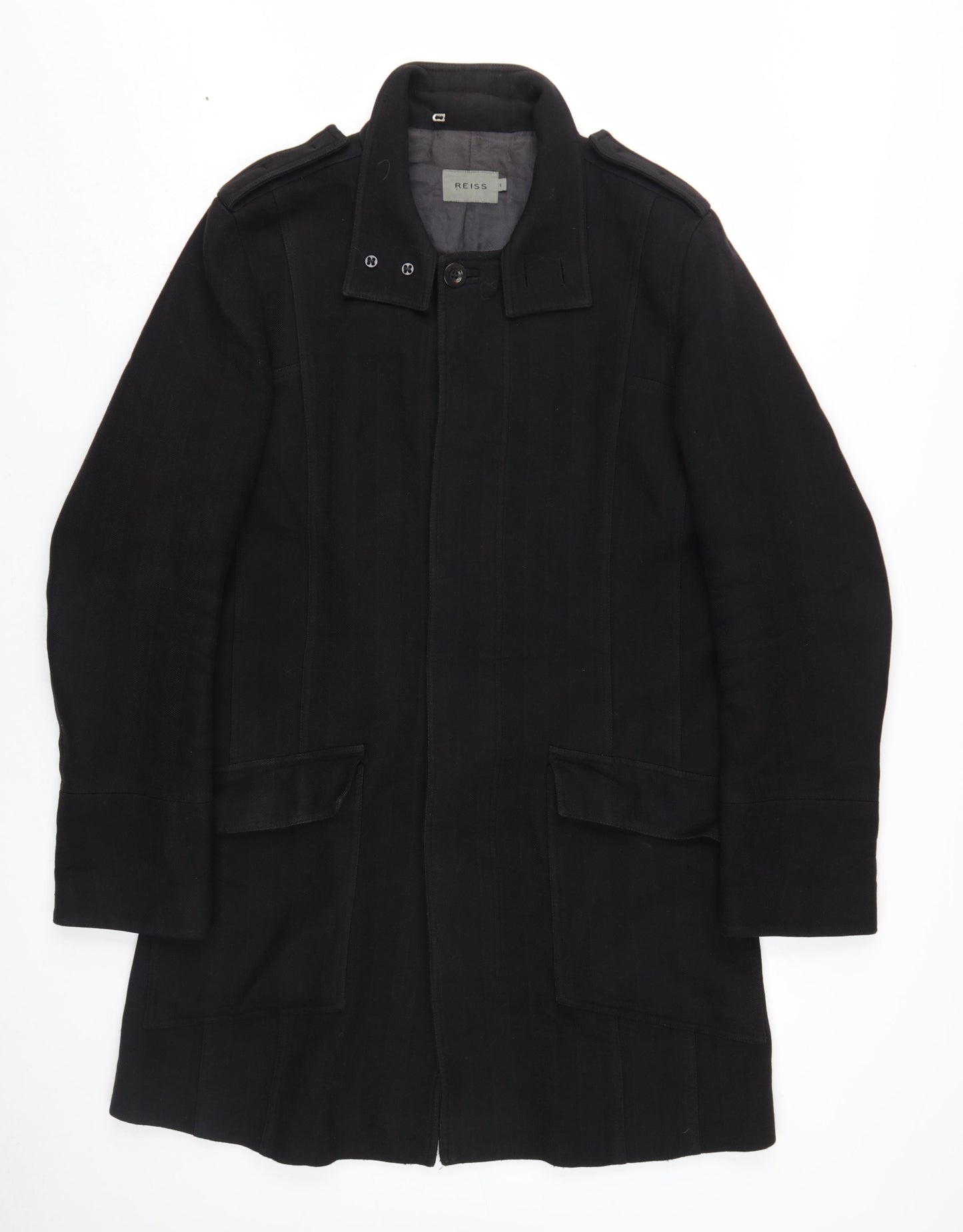 Reiss Men's Black Cotton Wool Coat, Size L, Elegant Style