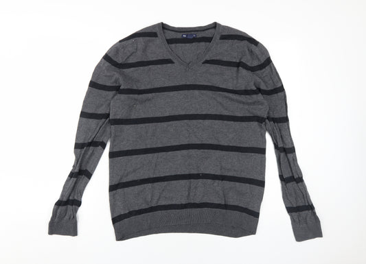 Gap Men's Grey Striped V-Neck Cotton Pullover, Size M