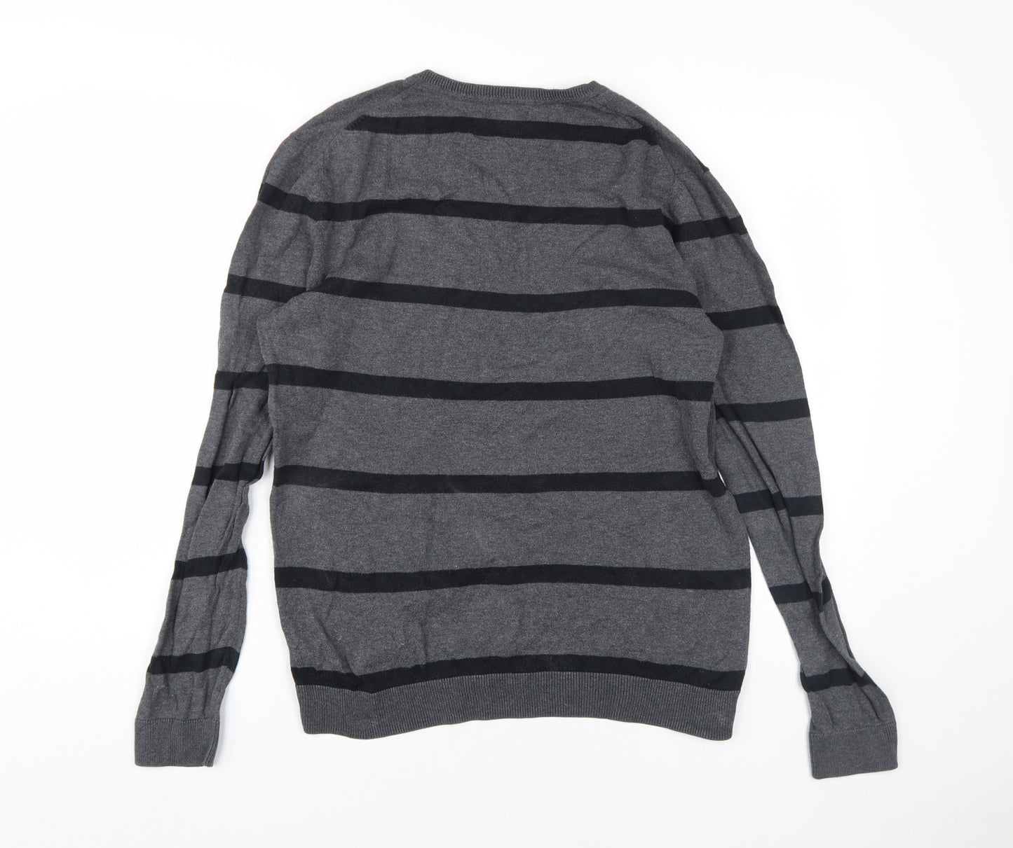 Gap Men's Grey Striped V-Neck Cotton Pullover, Size M