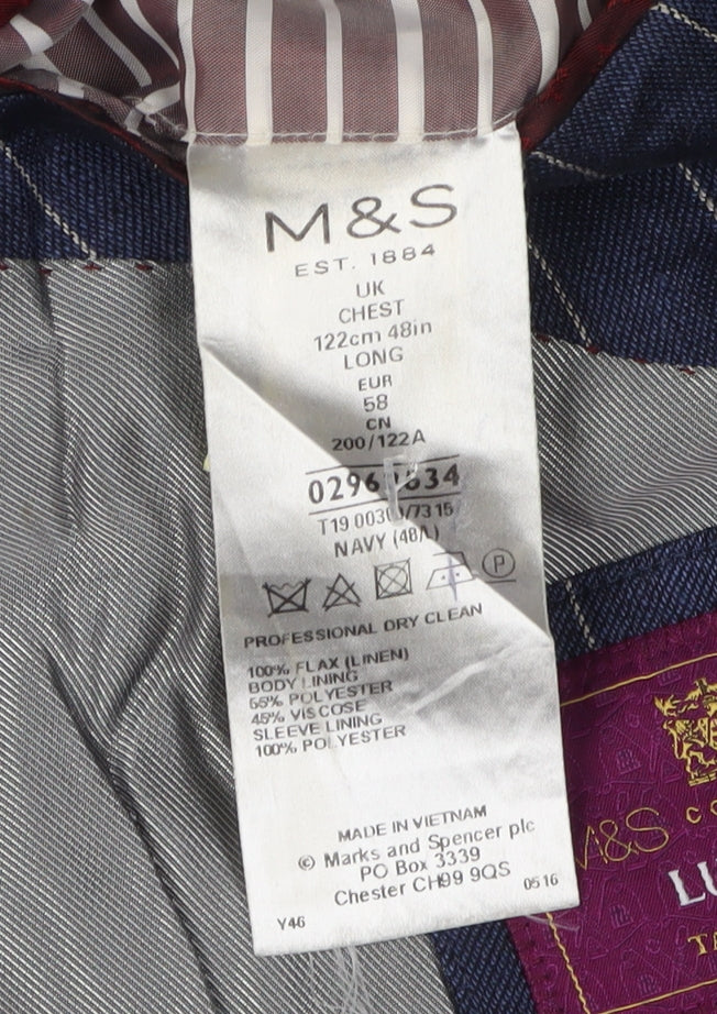 Marks and Spencer Men's Blue Long Blazer 48L Striped