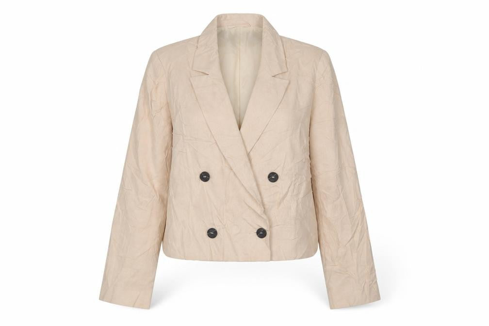 Front view of Topshop Beige Women's Blazer -, size 16, Cropped, Linen Blend