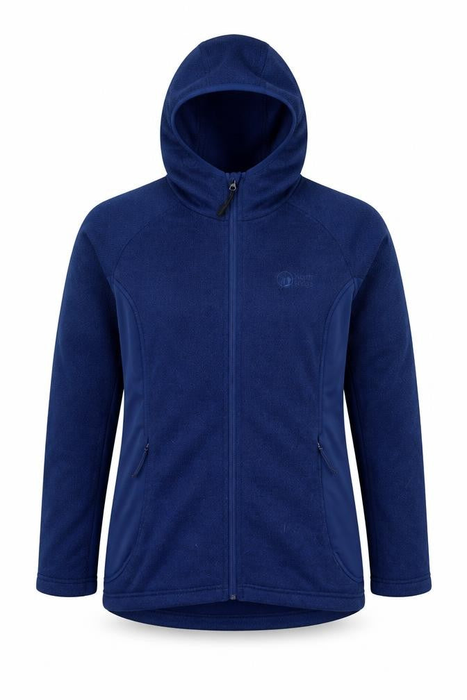 Front view of North Ridge Women's Blue Hooded Mid-Length Jacket