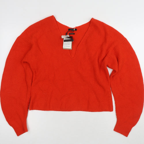 Massimo Dutti Women's Red V-Neck Jumper Size 12