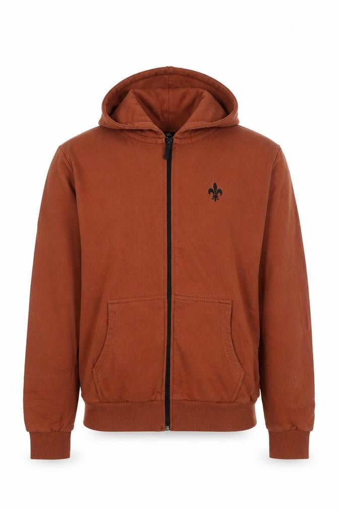 Front view of Criminal Damage Men's Brown Full Zip Hoodie, size S