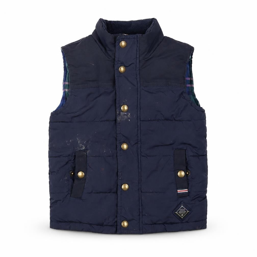 Front view of Joules boys’ blue puffer jacket 4 years lined padded