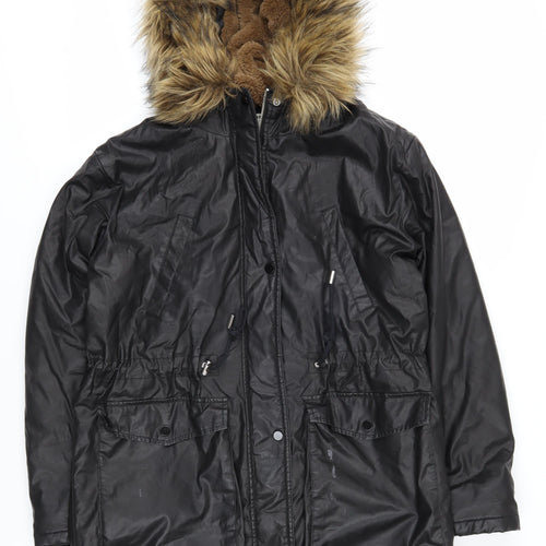 Whistles Women's Black Parka Coat M Hooded Fur Trim
