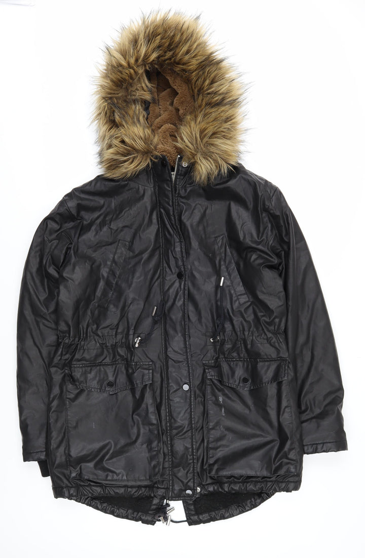 Whistles Women's Black Parka Coat M Hooded Fur Trim