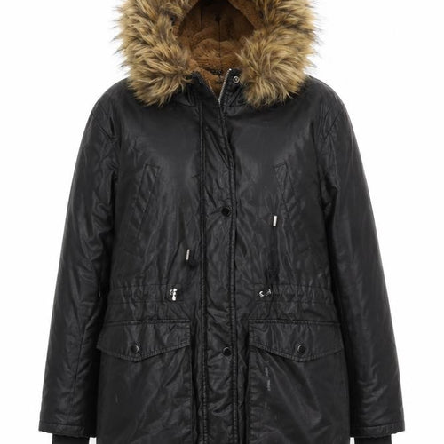Whistles Women's Black Parka Coat M Hooded Fur Trim