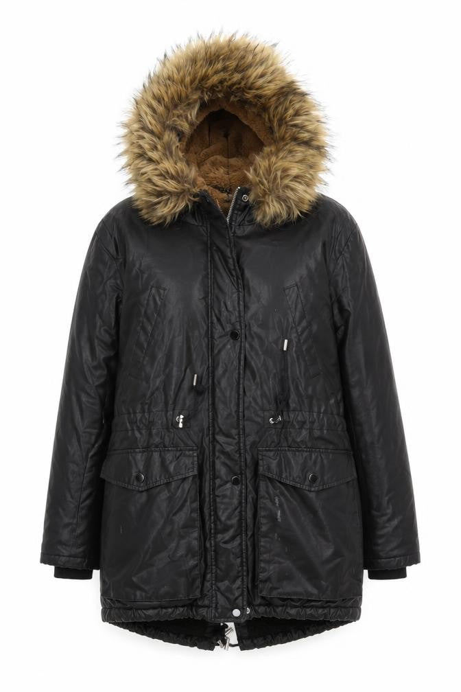 Whistles Women's Black Parka Coat M Hooded Fur Trim