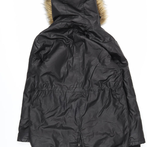 Whistles Women's Black Parka Coat M Hooded Fur Trim