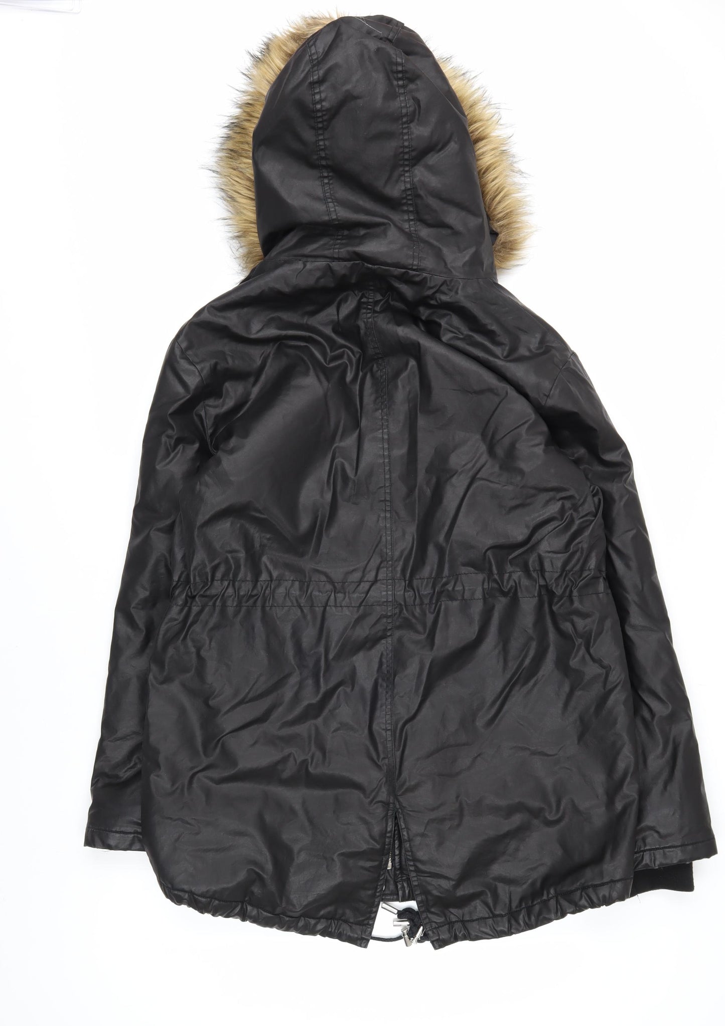 Whistles Women's Black Parka Coat M Hooded Fur Trim