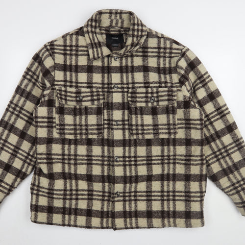 Pull&Bear Men's Brown Plaid Shacket, Size 12 - Casual Classic