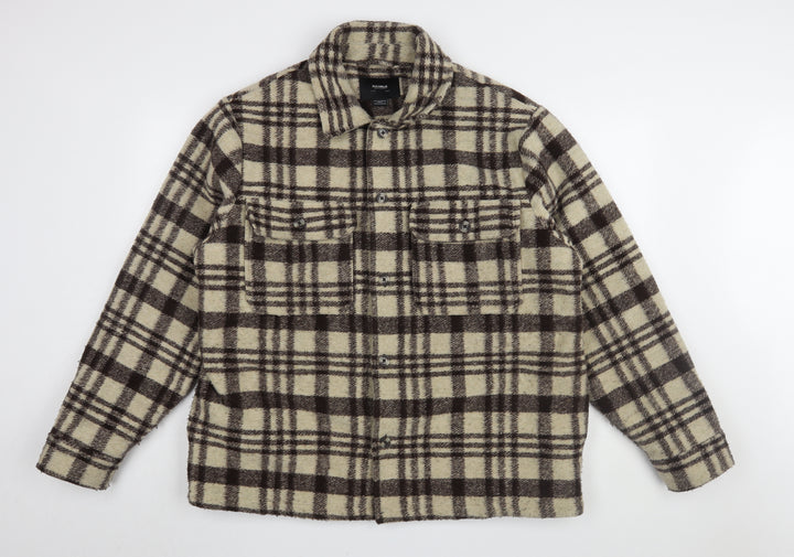 Pull&Bear Men's Brown Plaid Shacket, Size 12 - Casual Classic