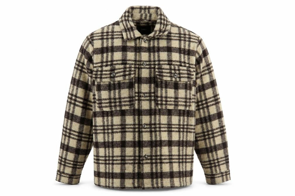 Front view of Pull&Bear women’s brown plaid shacket, size UK 12, - casual classic