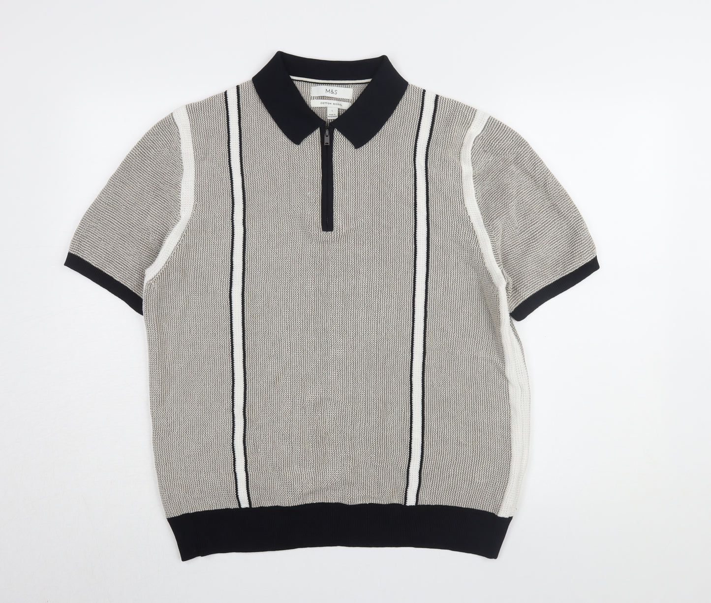 Marks and Spencer Men's Grey Striped Polo, Size L