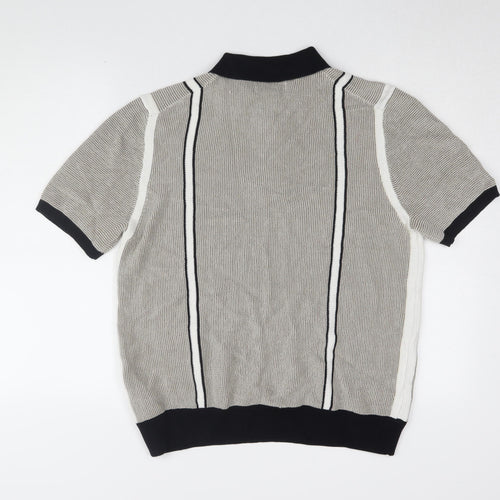Marks and Spencer Men's Grey Striped Polo, Size L