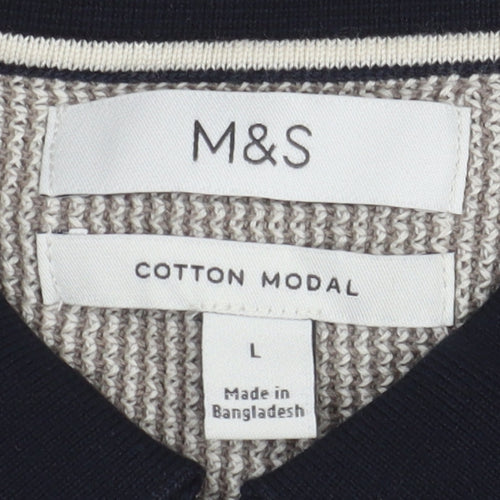 Marks and Spencer Men's Grey Striped Polo, Size L