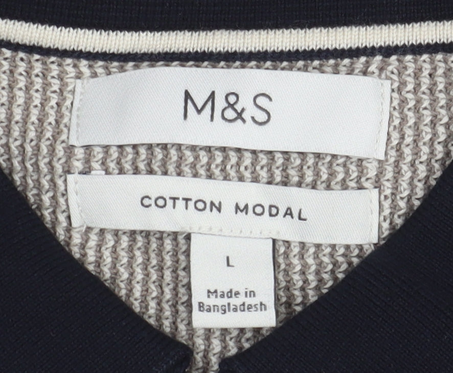 Marks and Spencer Men's Grey Striped Polo, Size L