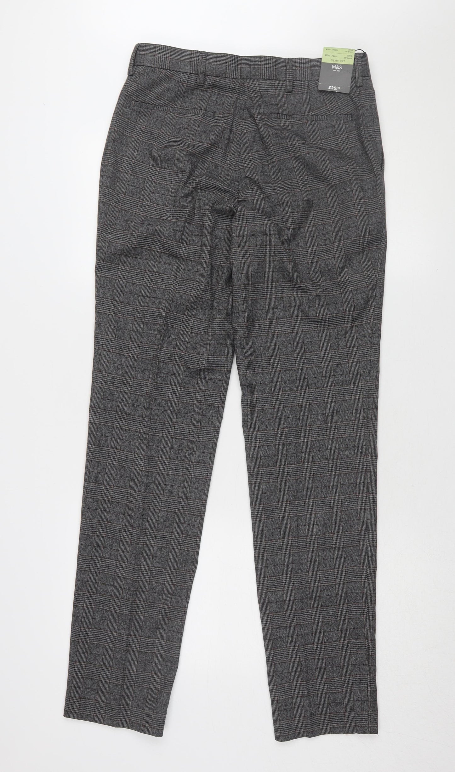 Marks and Spencer Men's Grey Slim Fit Check Trousers