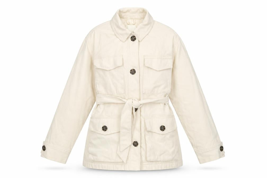 Front view of H&M Women's Ivory Cotton Belted Jacket -, size S