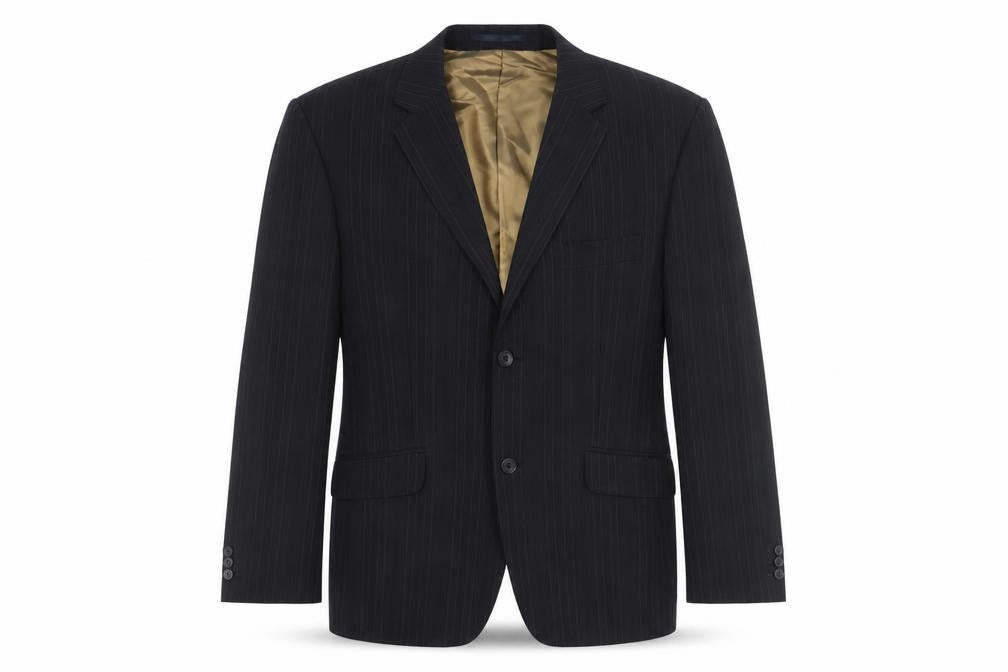 Front view of Burton Men's Black Pinstripe Suit Jacket 44S