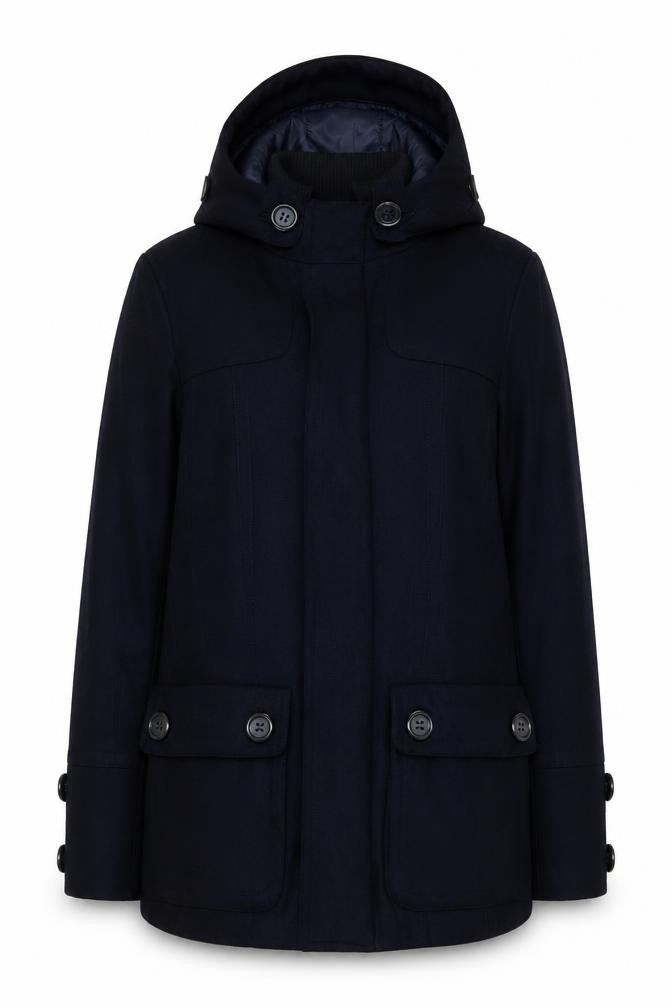 Front view of Evita Women's Black Hooded Jacket, size 12