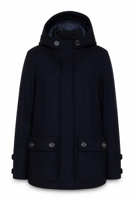 Front view of Evita Women's Black Hooded Jacket, size 12