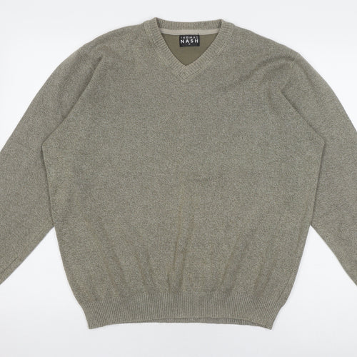 Thomas Nash Men's Green V-Neck Cotton Pullover - M