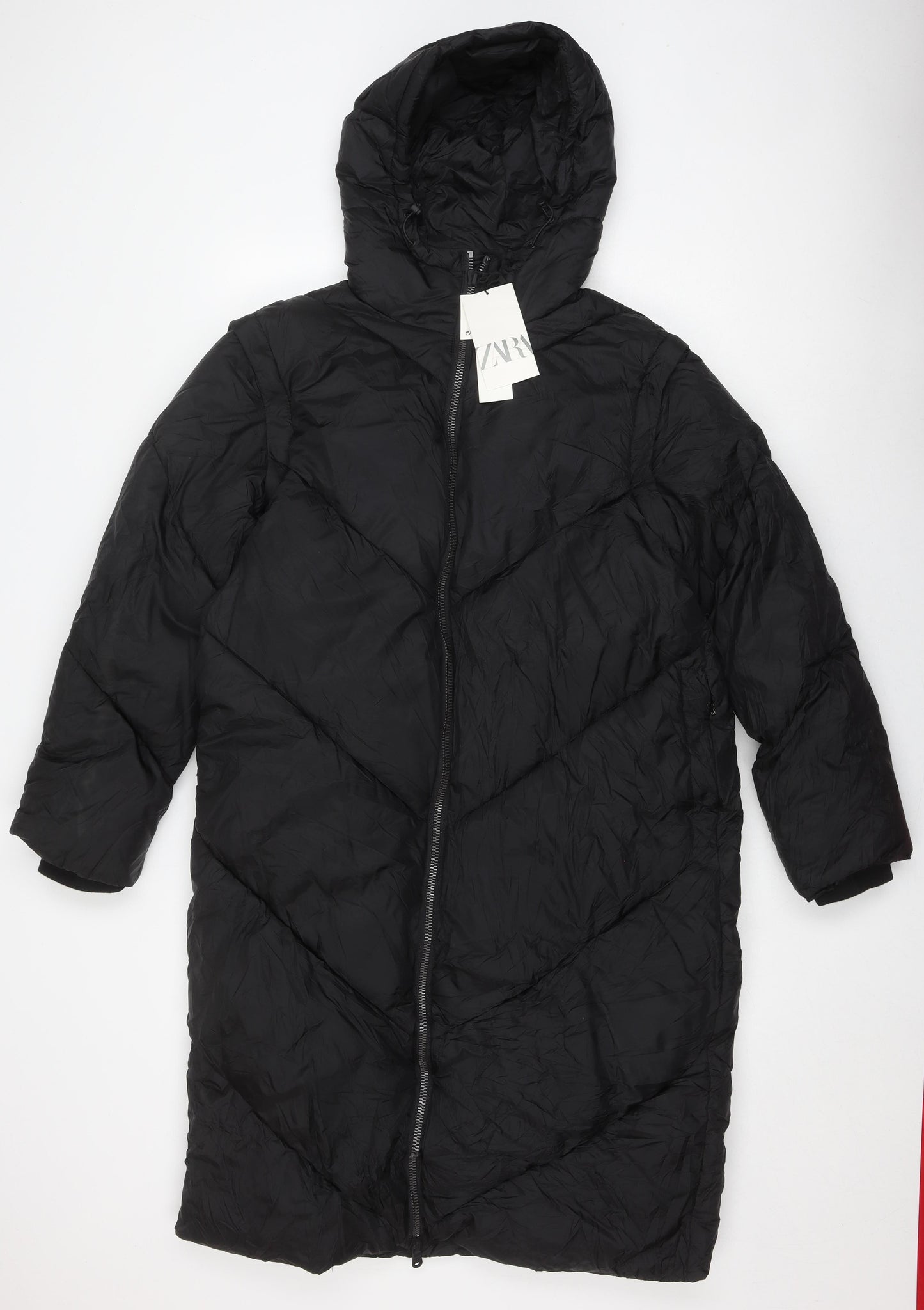 Zara Women's Black Puffer Jacket, Size 8, Hooded Long Coat