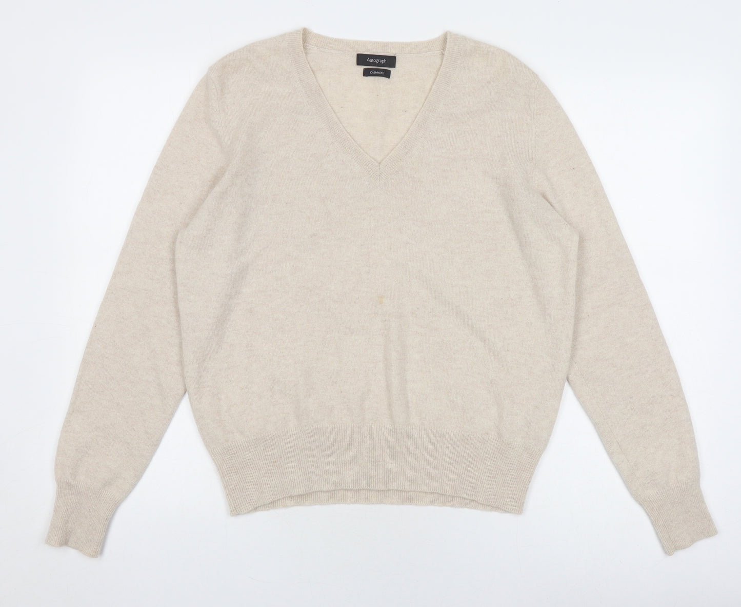 Marks and Spencer Women Beige Cashmere V-Neck Jumper - Size 14